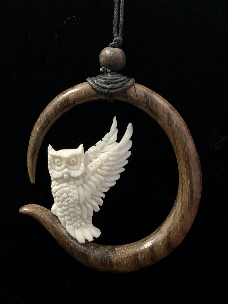 Owl on Crescent Moon Necklace - Click Image to Close