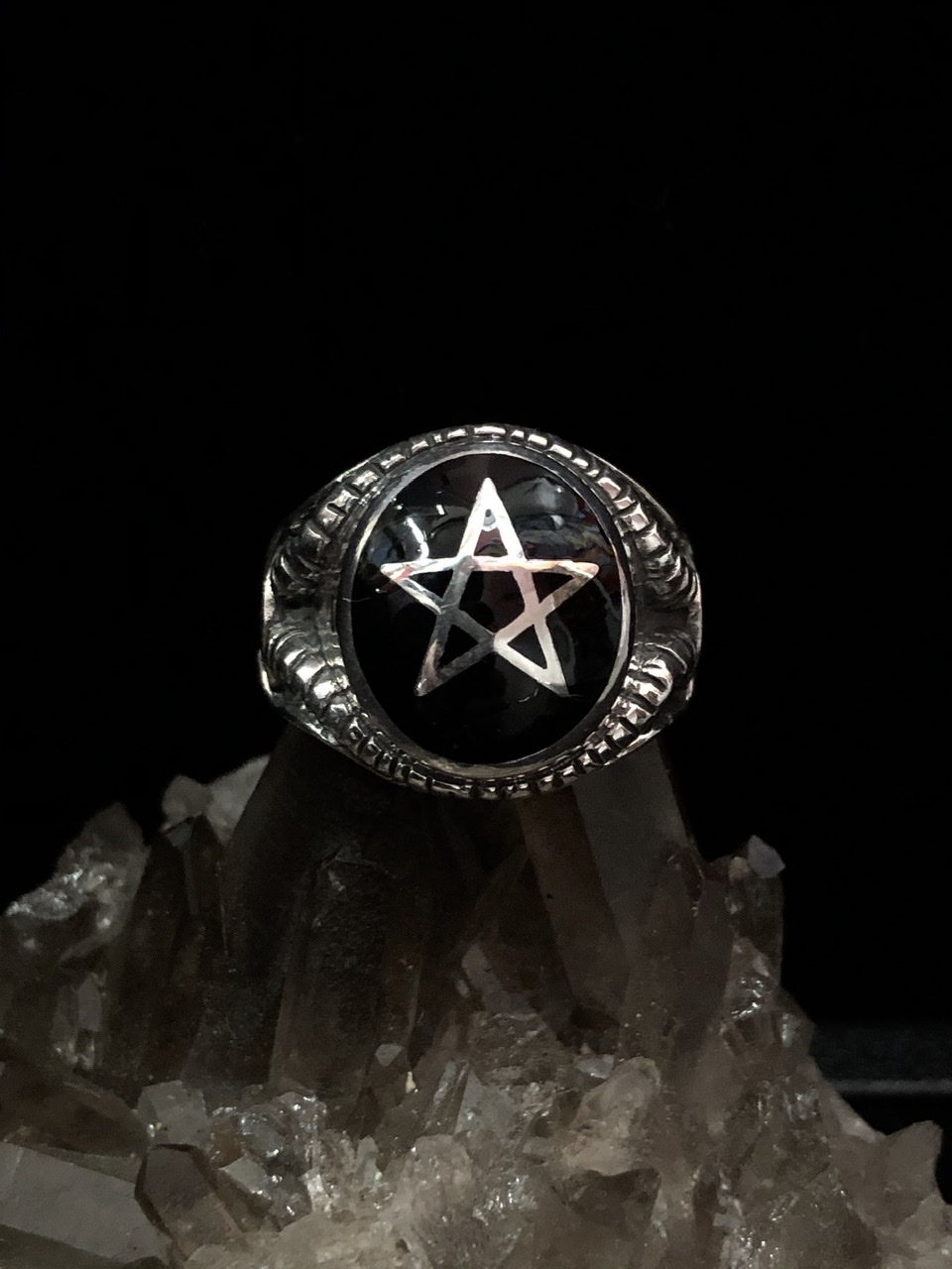 Pentagram Ring with Goat Horns Black - Click Image to Close