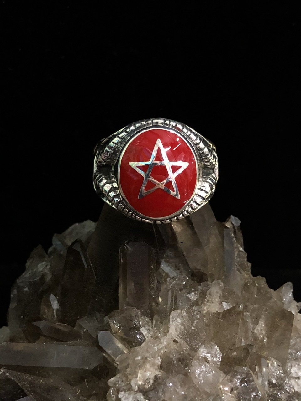 Pentagram Ring with Goat Horn Blood Red - Click Image to Close